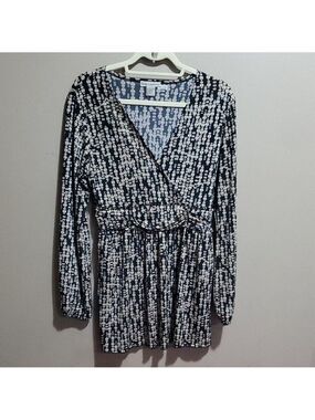 Susan Lawrence Elegant Black and White Patterned Blouse Size Large